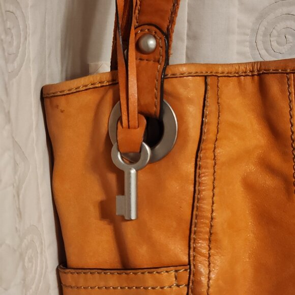 🍊 Fossil Leather Tote Bucket Bag Orange Tan Y2K Boho 🧡 - Picture 6 of 6